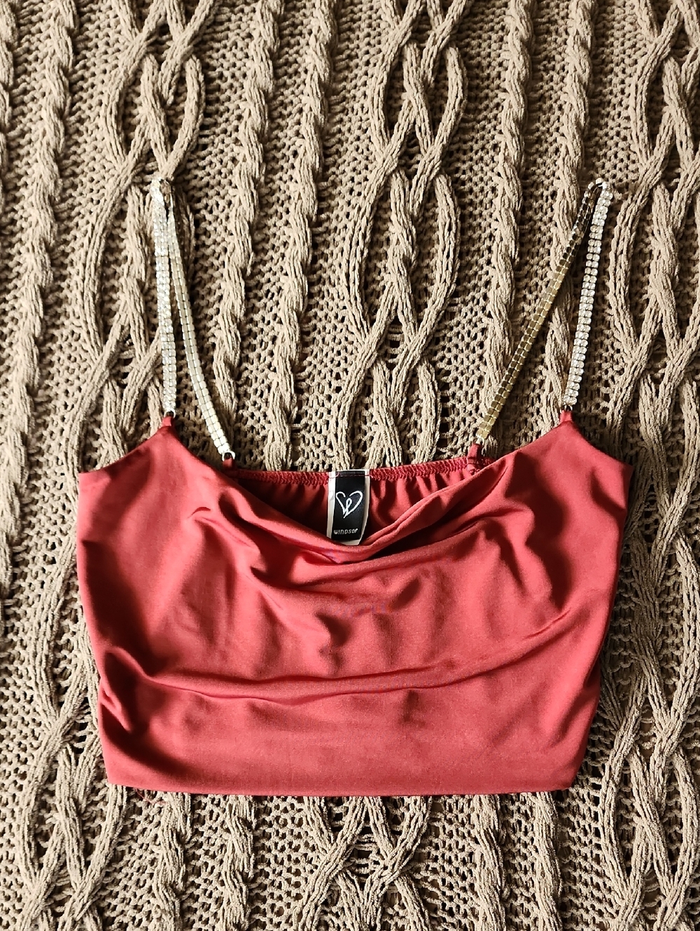 Windsor Coral Cowl Neck Crop Top with Rhinestone Straps